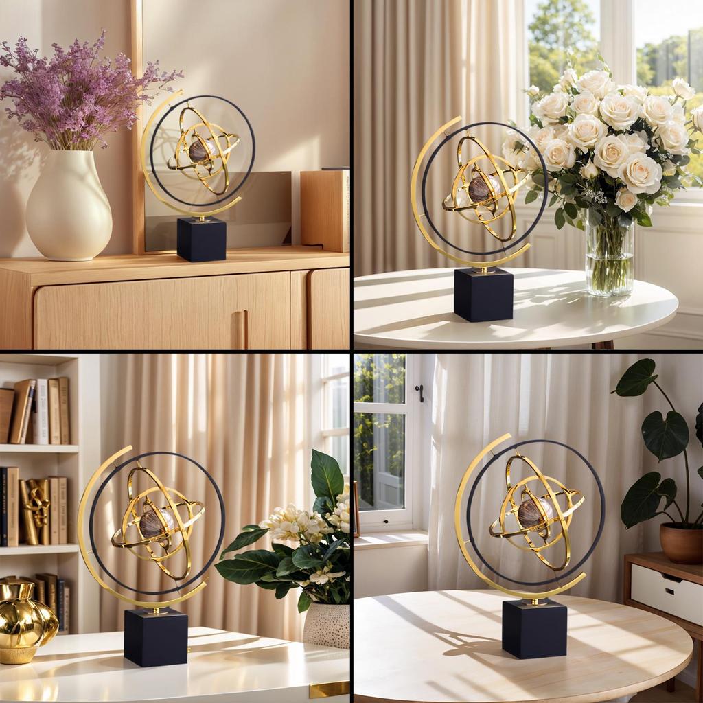 Rotating Globe Metal Ornament Home Accent Modern Abstract Art Decor Rotating Tabletop Abstraction Globe for Office Desk