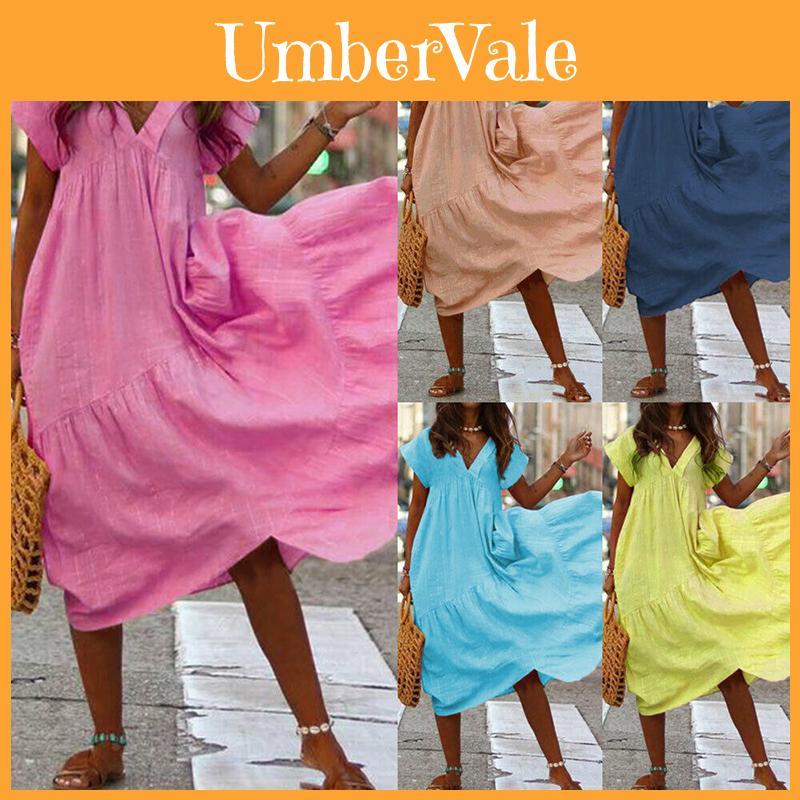 Elegant Women Fashion Maxi Dress Short Sleeve Solid Color Casual Boho Kaftan