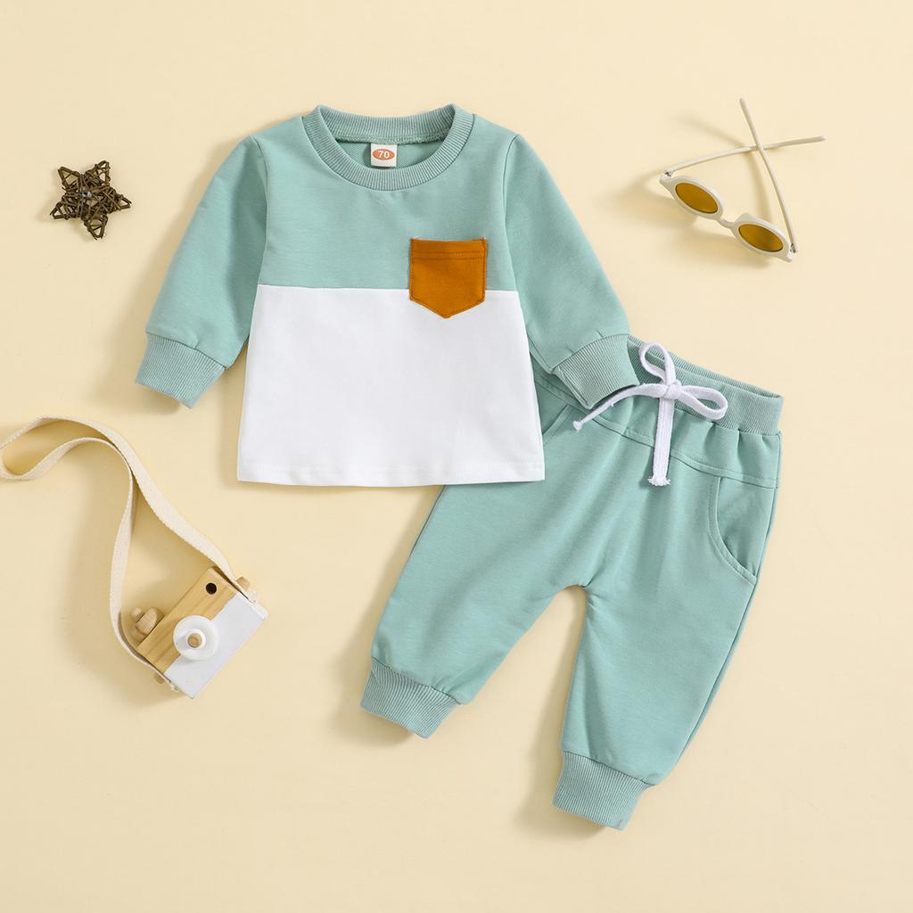 Boys Fall and Winter Color Blocking Suit Long Sleeve Round Neck Top + Pants Two-piece Set