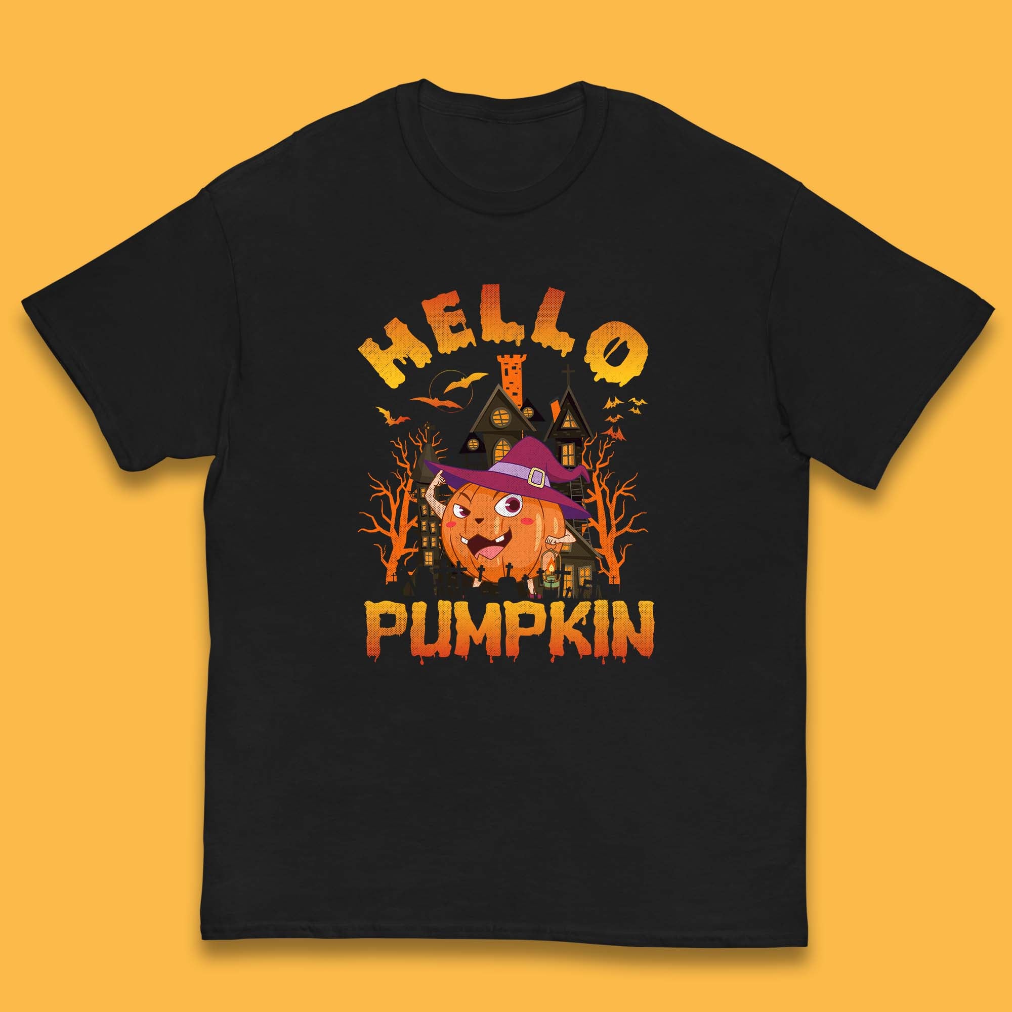 Hello Pumpkin Cartoon Halloween Pumpkin With Witch Hat Devil Smile Haunted Castle Kids T Shirt 140