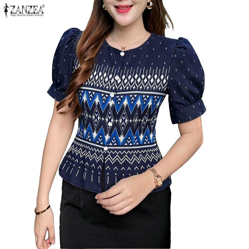 ZANZEA Women Casual Round Neck Short Sleeve Print Blouse