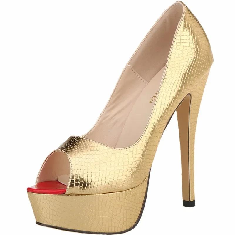 

New Women Pumps Patent Leather Platform Sexy Crocodile Pattern 14cm High Heels Open Toe Stiletto Party Wedding Shoes 35