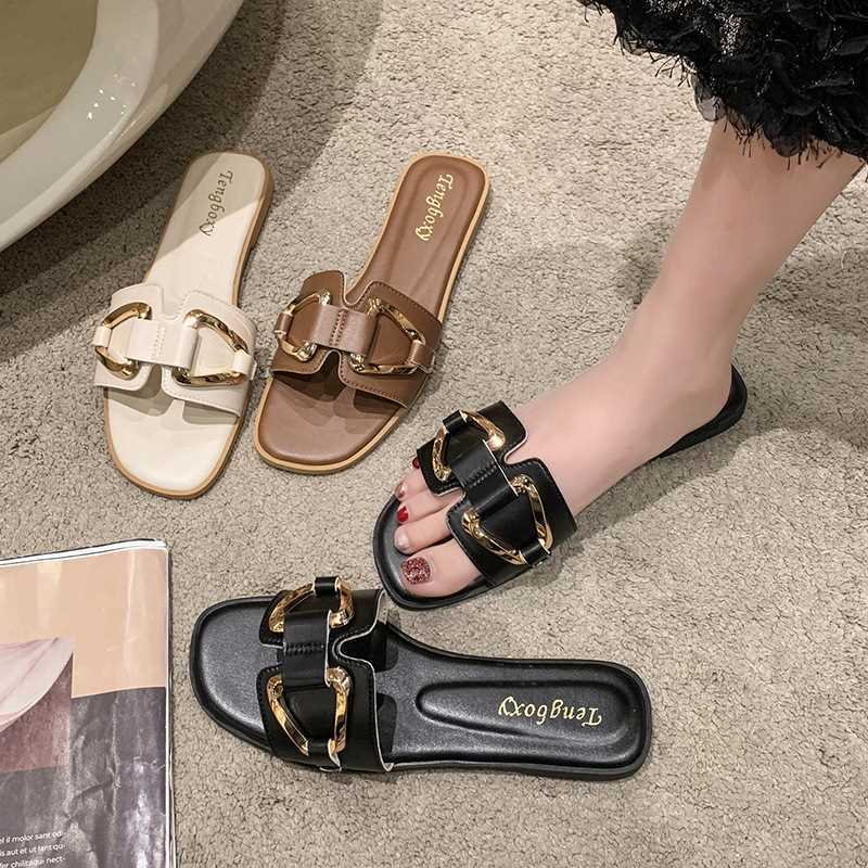Foreign Trade Large Size Slippers Women's 2025 New Women's Summer Wear Metal Buckle Soft Bottom One-word Drag Square Head Sandals