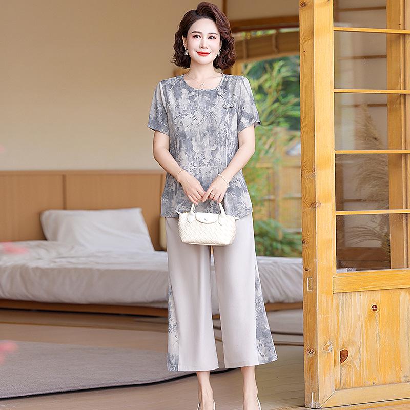 2025 Summer Chinese Style Top & Chiffon Short Sleeve Two-Piece Set for Middle-Aged Women