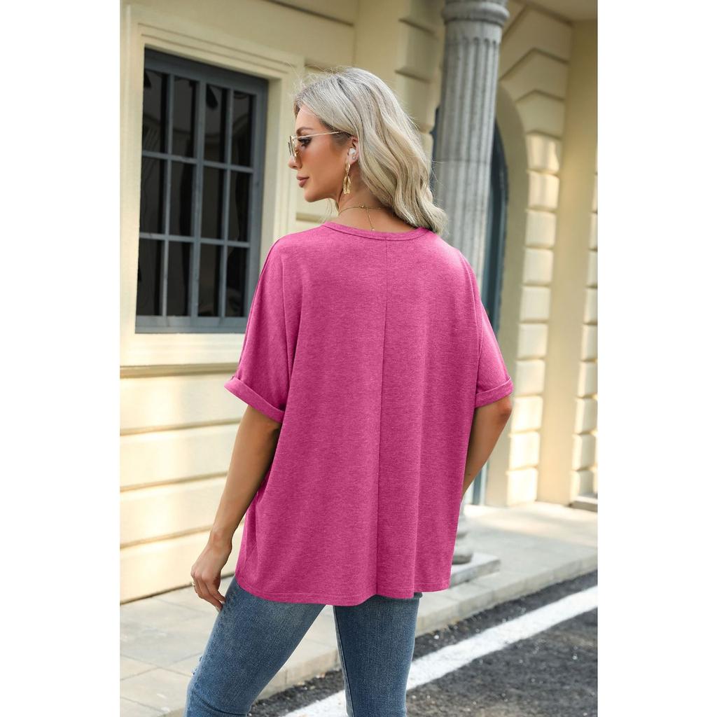 HNXC Spring Summer Solid-color Round-neck Loose Short-sleeved T-shirt Top for Women