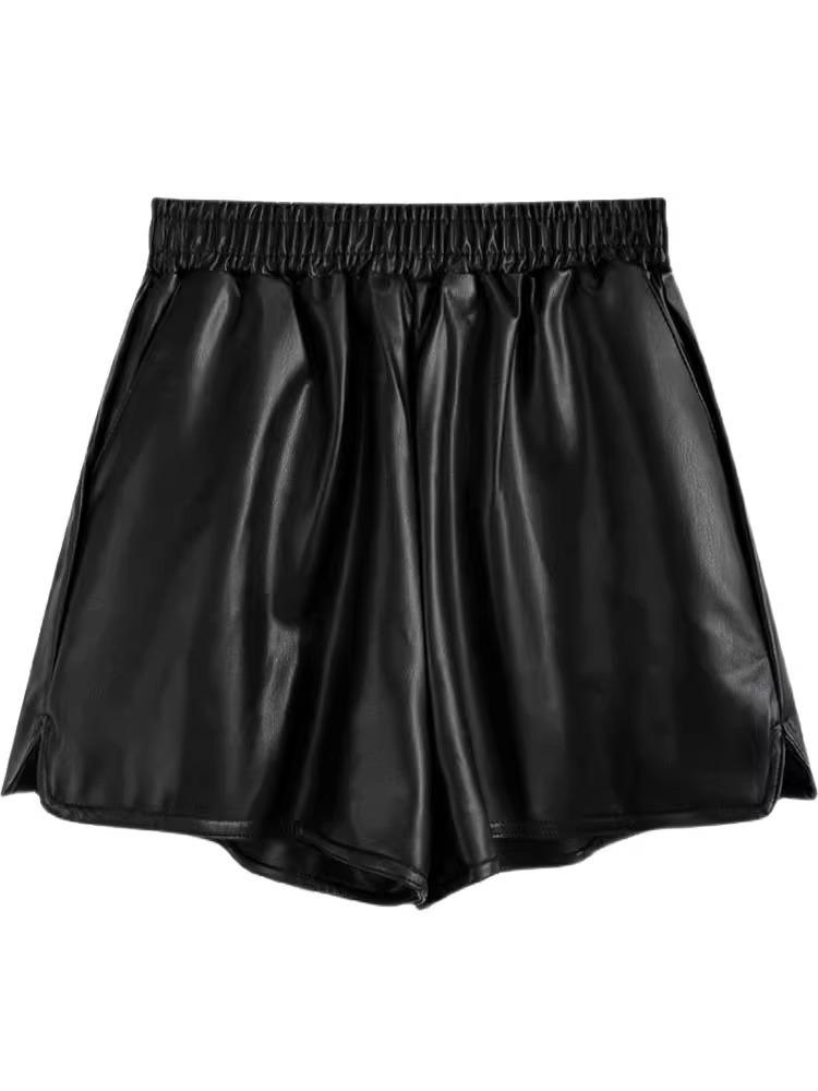 Women's PU Leather Bootcut A-Line Shorts, High-Waist Slimming, Wide Leg, Autumn/Winter 2023 Casual Wear.