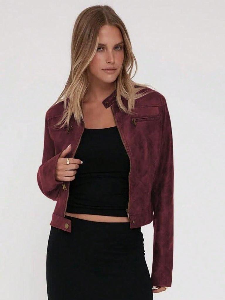 Giacca Moto Corta Vintage da Donna in Ecopelle con Zip e Collo Alto Cappotto Biker Corto Casual