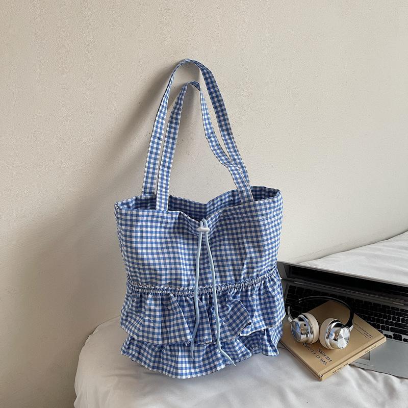 Across Cute College Style Plaid Canvas Bag Women's New Large Capacity Lace Tote Bag