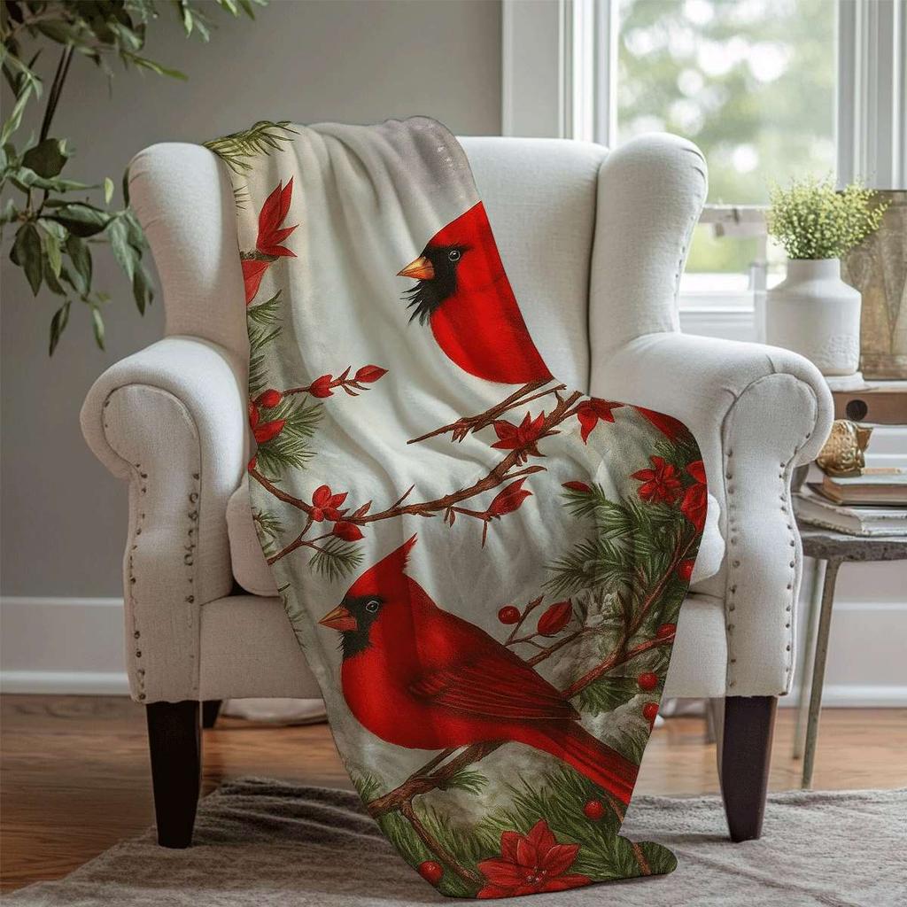1pc Cardinal Blanket - Bird Theme Decor Soft Flannel Throw Blanket All Seasons for Sofa Bed Camping