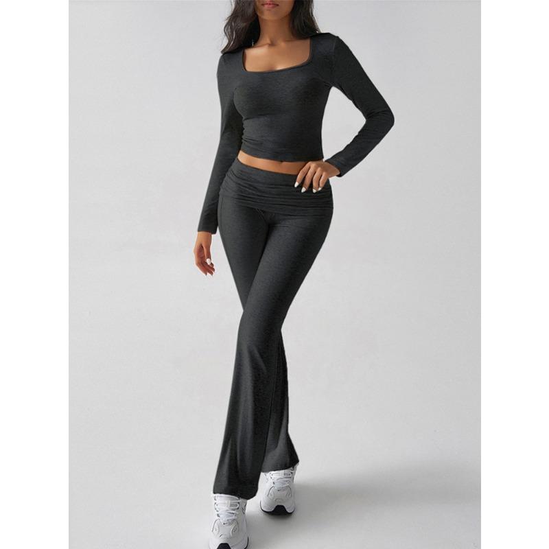 Autumn Women's Solid Colour Casual Knit Long Sleeve Top Yoga Wear Pants Suit