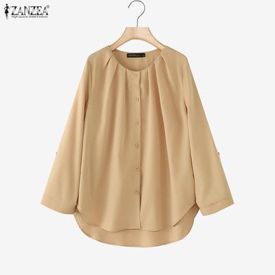 Women Casual Round Neck Solid Color Loose Long Sleeve Blouse