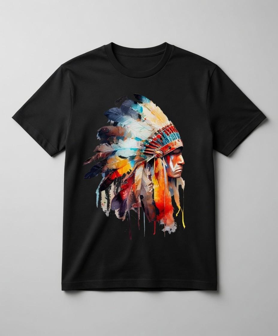 Watercolor Native American Chief Headdress T-Shirt - Indigenous Pride Tee 2XL