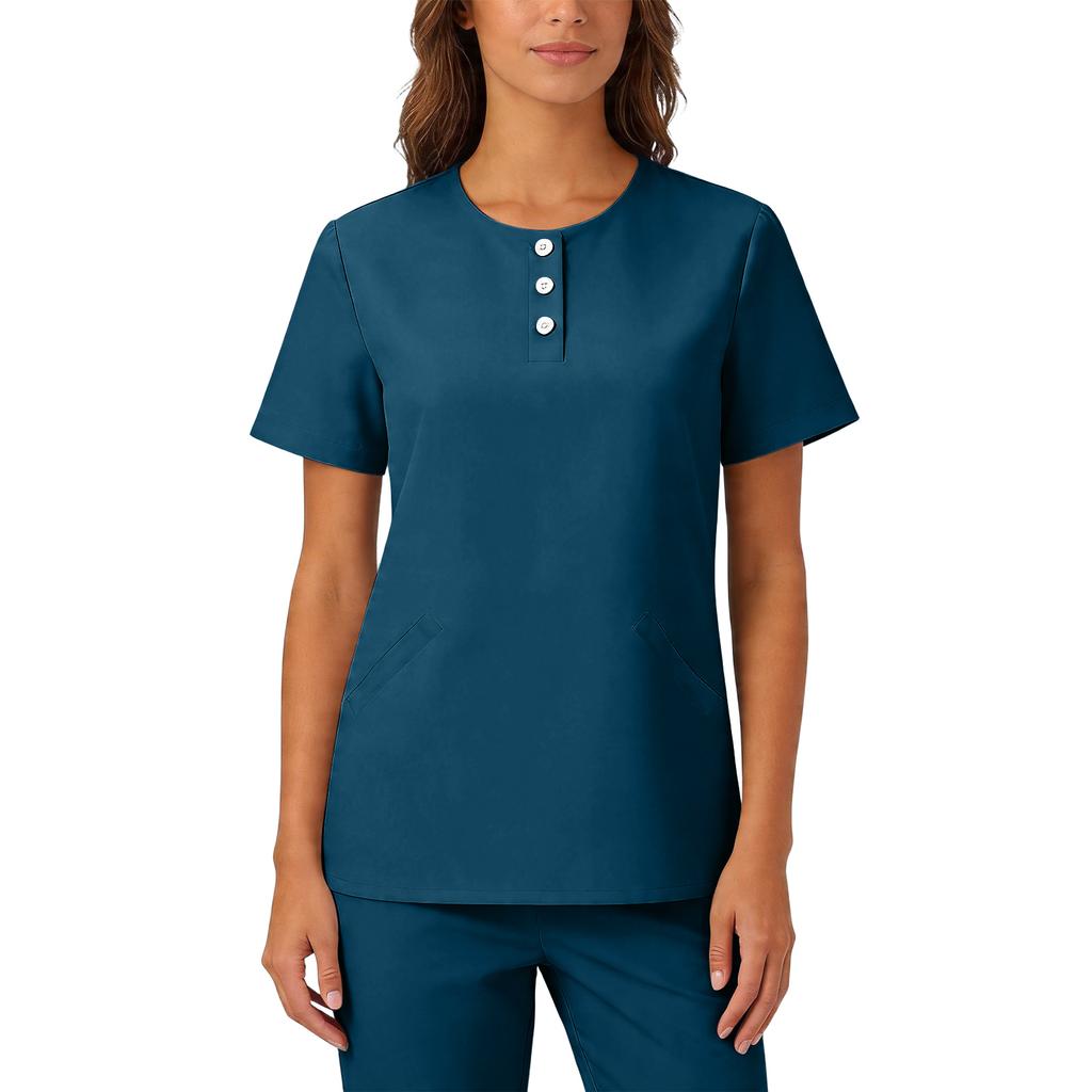 Womens Stretchy Quick Dry V Neck Short Sleeve Top with Pockets Button Front Uniform Blouse for Healthcare Hospitality Service
