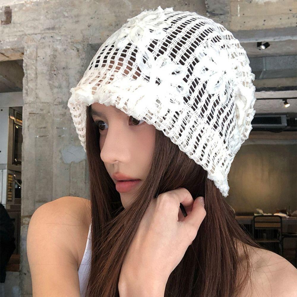 Cute Crochet Flower Hat Hollow Out Weave Cap Retro Flower Knitted Hat  Apparel Accessories