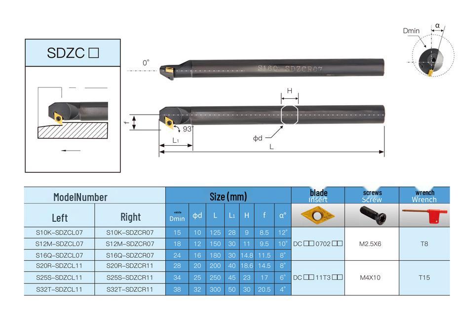 93° CNC Tool Holder for Inner Hole: S16Q/S20R/S25S/S32T/S40T-SDZCR11/SDZCL11