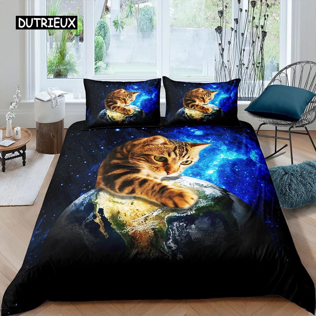 Galaxy Cat Duvet Cover Set Microfiber Universe Galaxy Bedding Set Cute Kitten Comforter Cover Outer Space Planets Quilt Cover