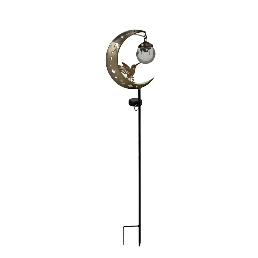 Solar Powered Outdoor Garden Stake Light Iron Art Moon and Bird Design Yard Landscape Decoration Pathway Lamp with Glass Globe