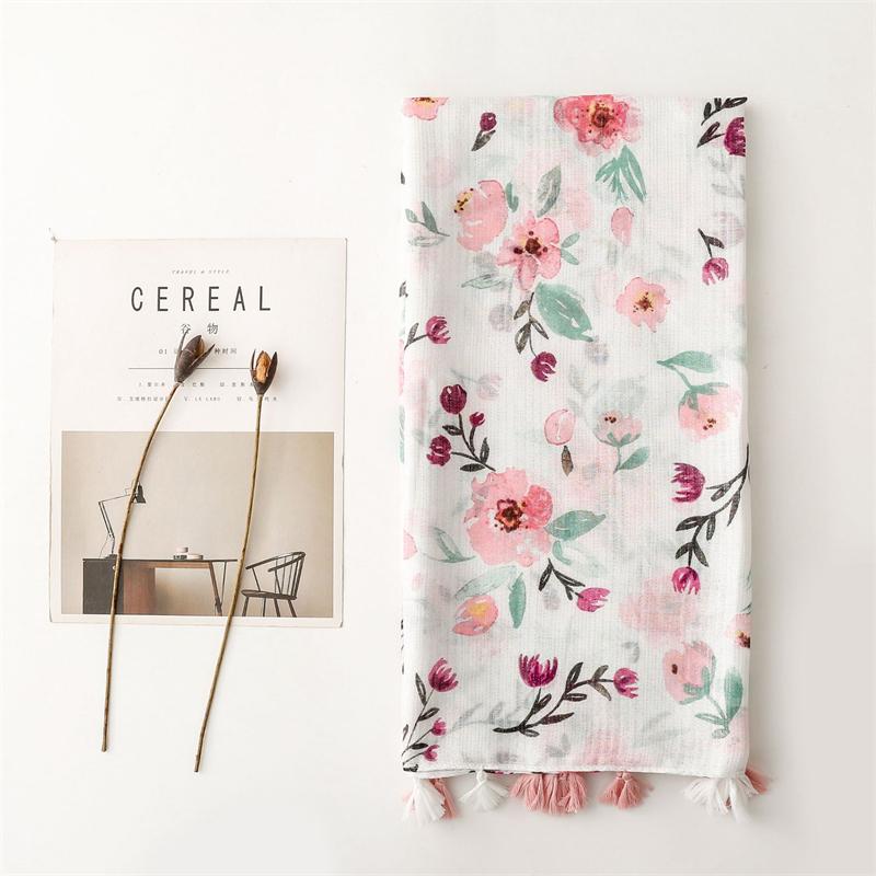 Eșarfă Șal Femei Floare Albă Roz Senzație Bumbac In Ciucuri Pașmină Musulman Hijab Înfășurare Doamnă Eșarfă Viscoză Foulard