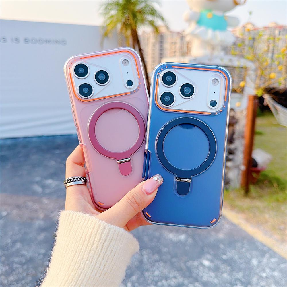 Luxury Matte Magnetic Clear Phone Case For iPhone 17 Air 16 Plus 15 12 13 14 Pro Max For Magsafe Metal Ring Stand Holder Cover