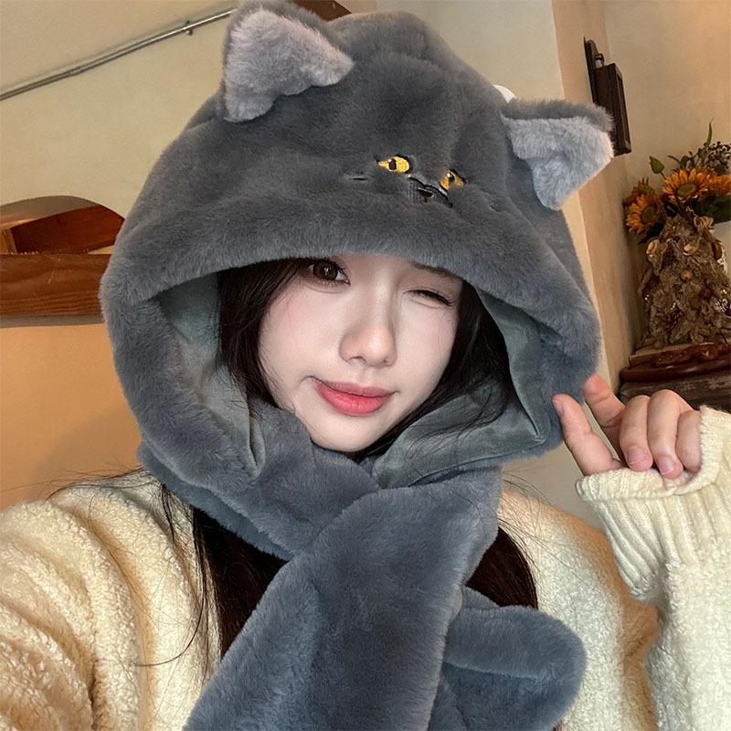 

2025 season new cartoon cute cat ears plush neck ear protection hat thickened warm Lei Feng hat children One size fits all