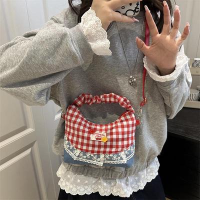 Süße Spitze Karomuster Damen Schultertaschen Patchwork College Stil Umhängetasche Y2K Koreanische Handtaschen
