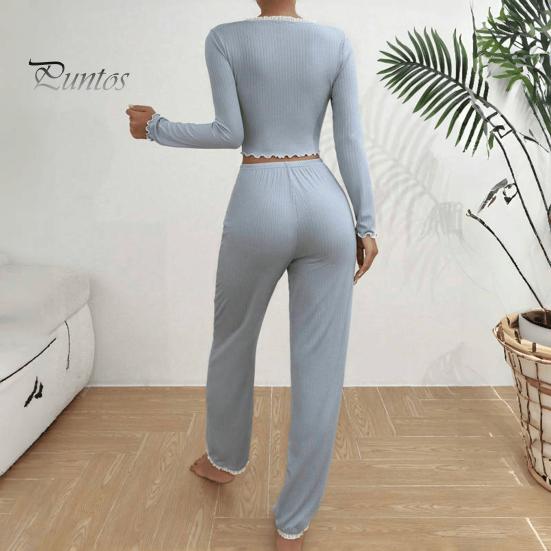2 Adet/Takım Bahar Kadın Üst Pantolon Takım Uzun Kollu V Yaka Dantel Büzgülü Kenar Kırpılmış Üst Elastik Bel Pantolon Kıyafet Ev Giyim Pijama Takımı