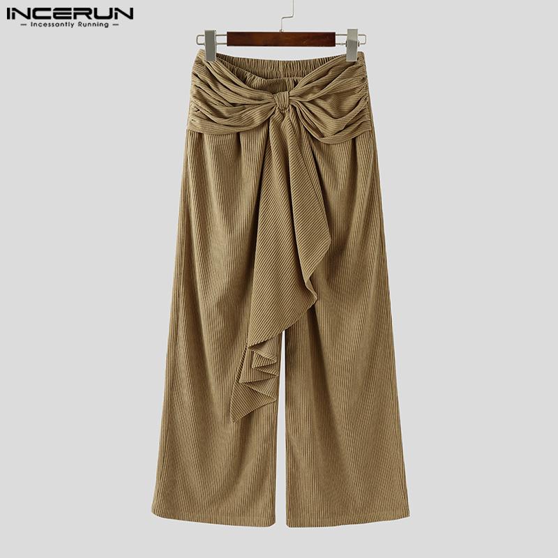 INCERUN Autumn Winter Men Twisted Ruffled Waist Solid Color Casual Corduroy Long Pants