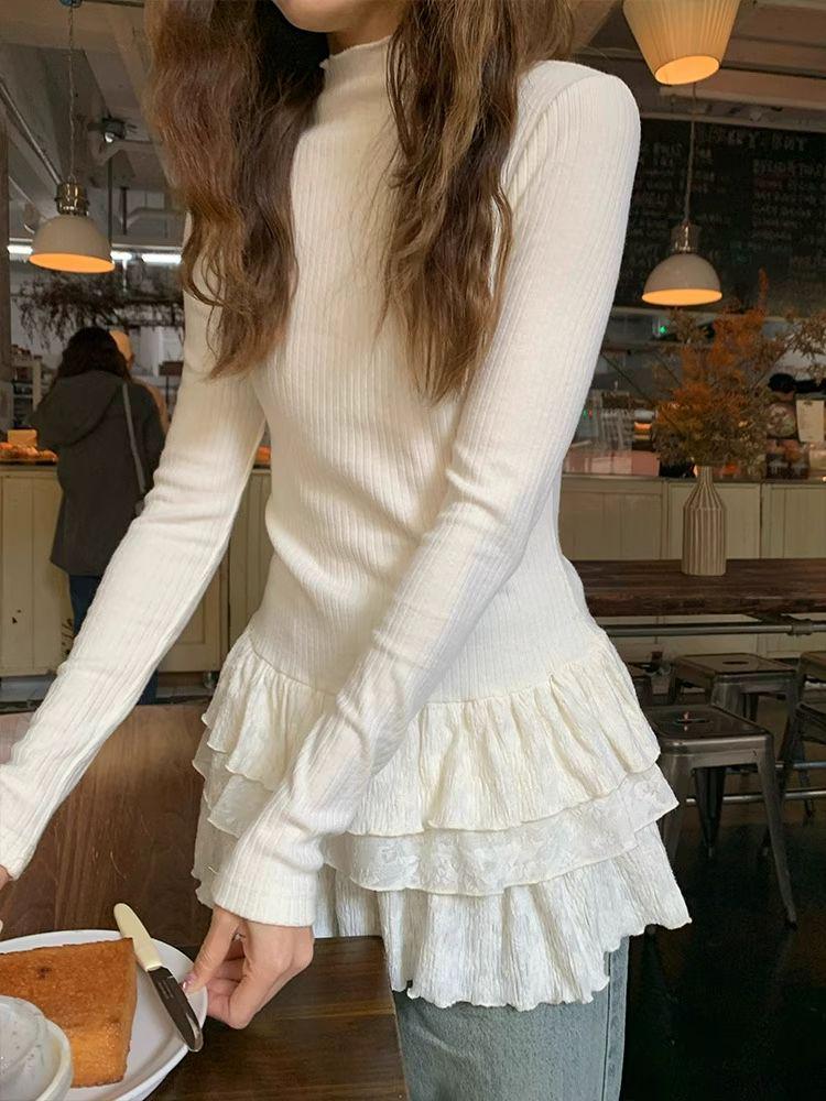 European-Style Long-Sleeved T-Shirt: Autumn/Winter Slimming Top with German Fleece, Half-High Neck