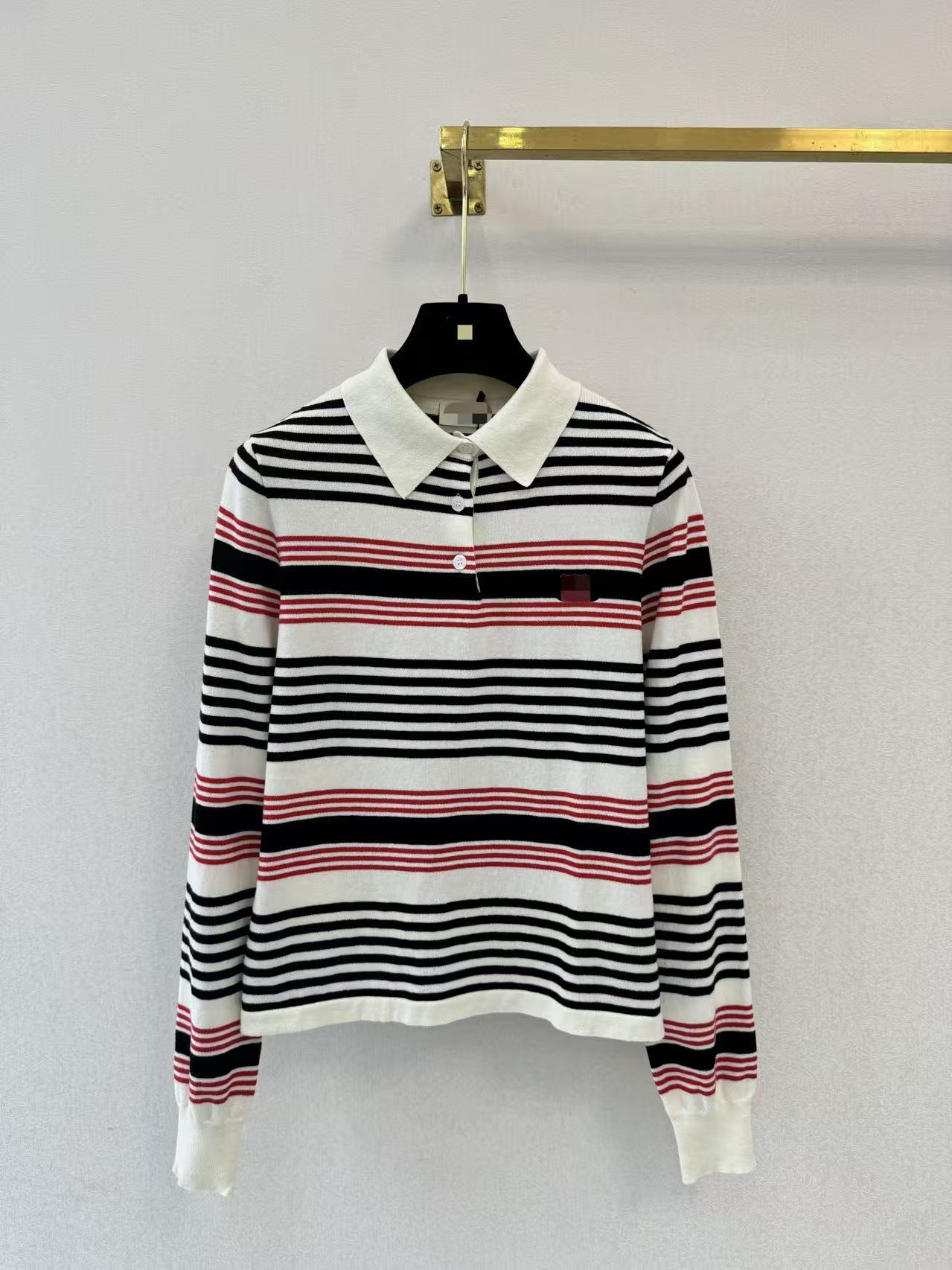 Nanyou high-end fashion contrasting color striped long-sleeved POLO shirt women s lapel knitted top striped sweater S