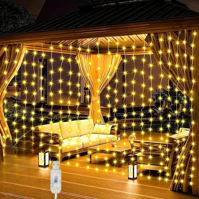 100/200/300 LED Solar Courtyard Curtain Lights Outdoor Waterproof Fairy String Lights With 8 Modes for Garden Window Bedroom Wedding