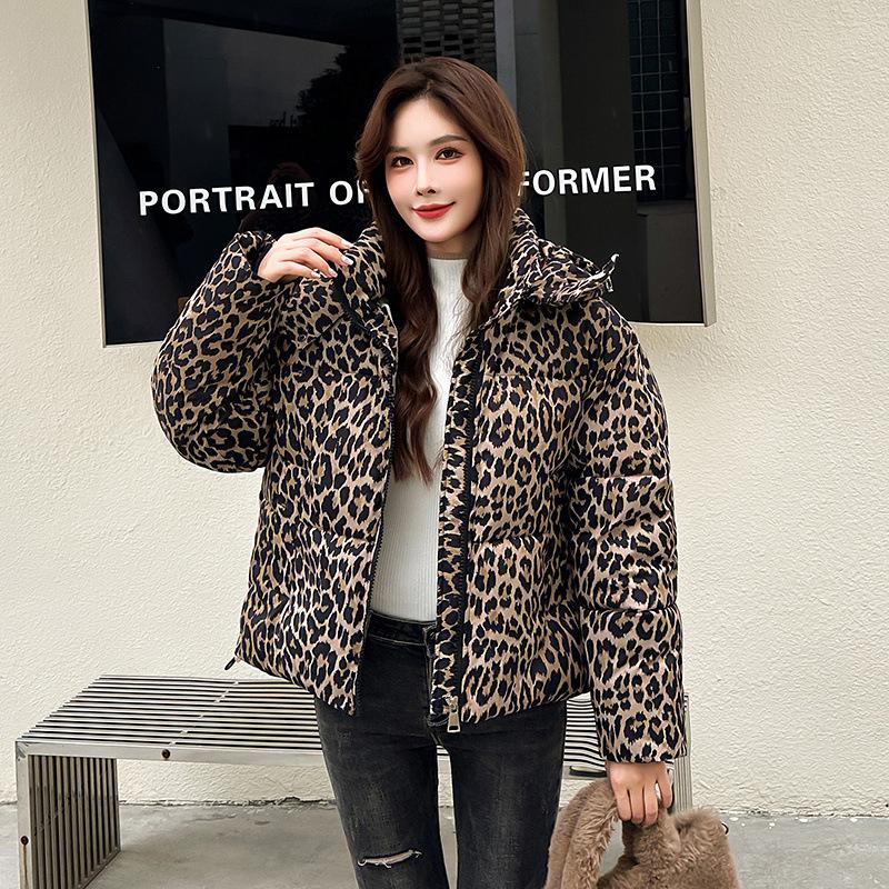 

Короткая пуховая хлопковая одежда женская зимняя новая свободная с капюшоном тонкая с леопардовым принтом хлебная куртка XXL кофейный