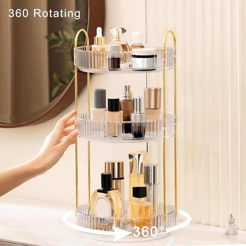 XMWGA Rotating Cosmetic Storage 360 Degree Gold Metal Clear Multifunctional Storage for 3 Box, Rotation, 3-Tier, & Acrylic, Organizer,