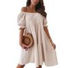 Off-Shoulder Minikleid Damen Rüsche Elastisch Einfarbig Kurzarm Date-Kleid