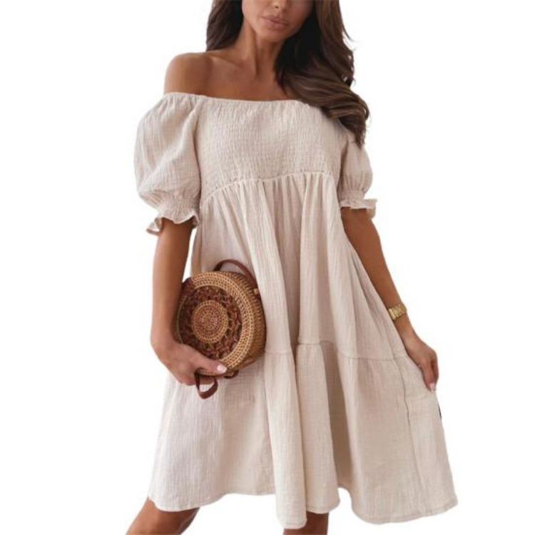 Off-Shoulder Minikleid Damen Rüsche Elastisch Einfarbig Kurzarm Date-Kleid