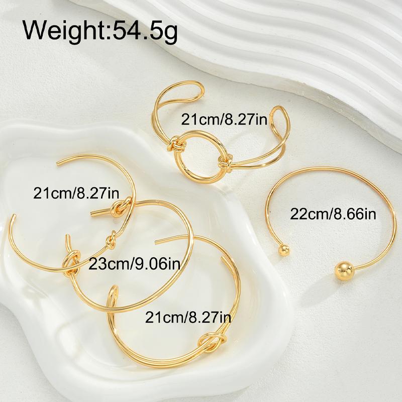 5Pcs Gold Color Knot Circle Cuff Bangle Set For Women Chunky Minimalist Twisted Knot Open Cuff Bracelets Trendy Jewelry Gift New