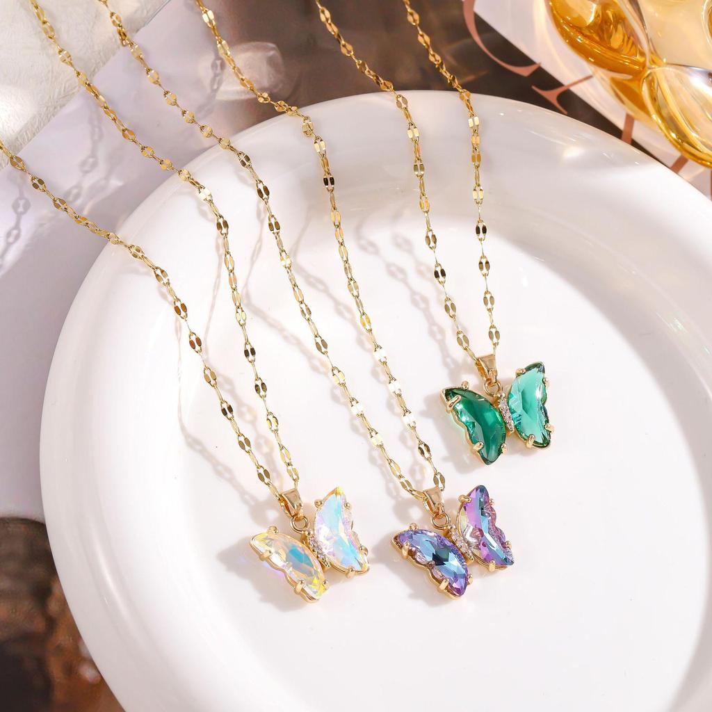 Iridescent Gradient Butterfly Necklace with Zirconia Rhinestones - Titanium Steel Clavicle Chain Pendant.
