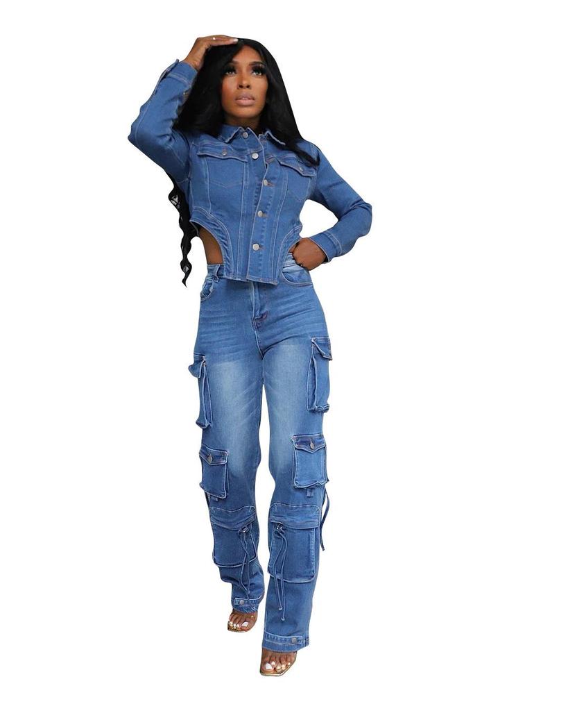 European & American Women's Casual Washed Denim Set