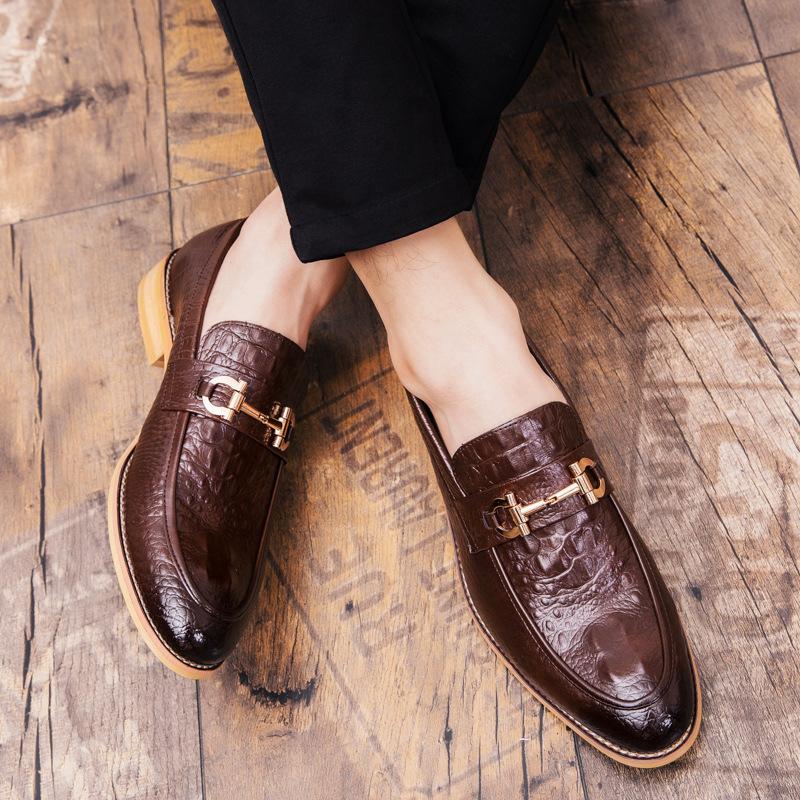 

Leather shoes men s one-pedal Korean version of British night show trend inner height increase casual shoes wedding shoes large size 47 коричневый