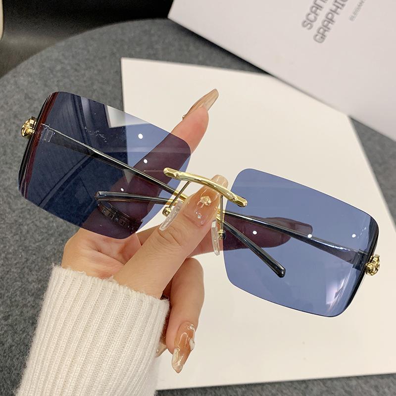 New Sunglasses With Special Frameless Cut Edge Metal Frame, Leopard Head Decorative Sunglasses For Men And Women 90283