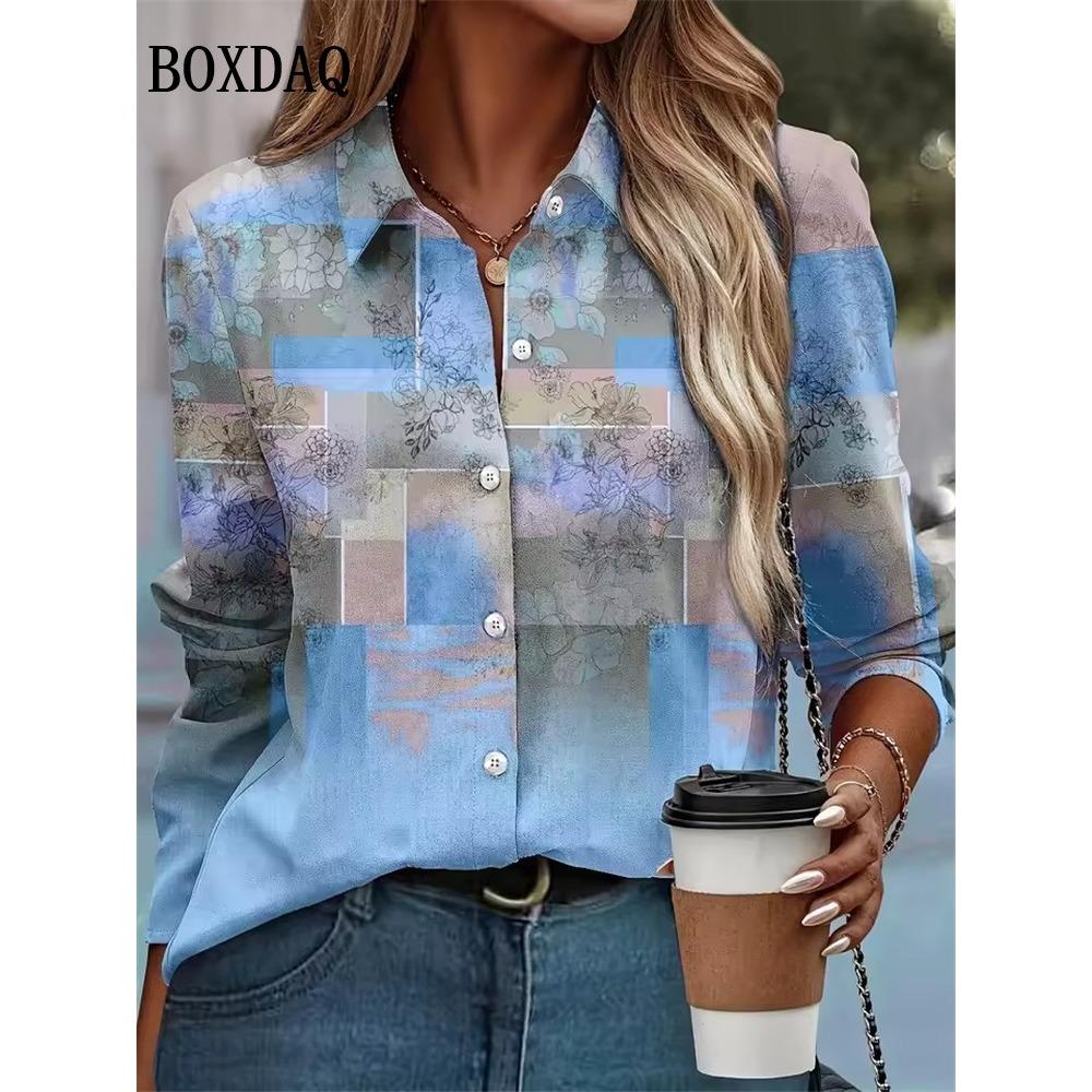 2026 Autumn New Plaid 3D Print Blouse Ladies Long Sleeve Gradient Button Laple Loose Shirts Tops Casual Fashion Women s Clothing S