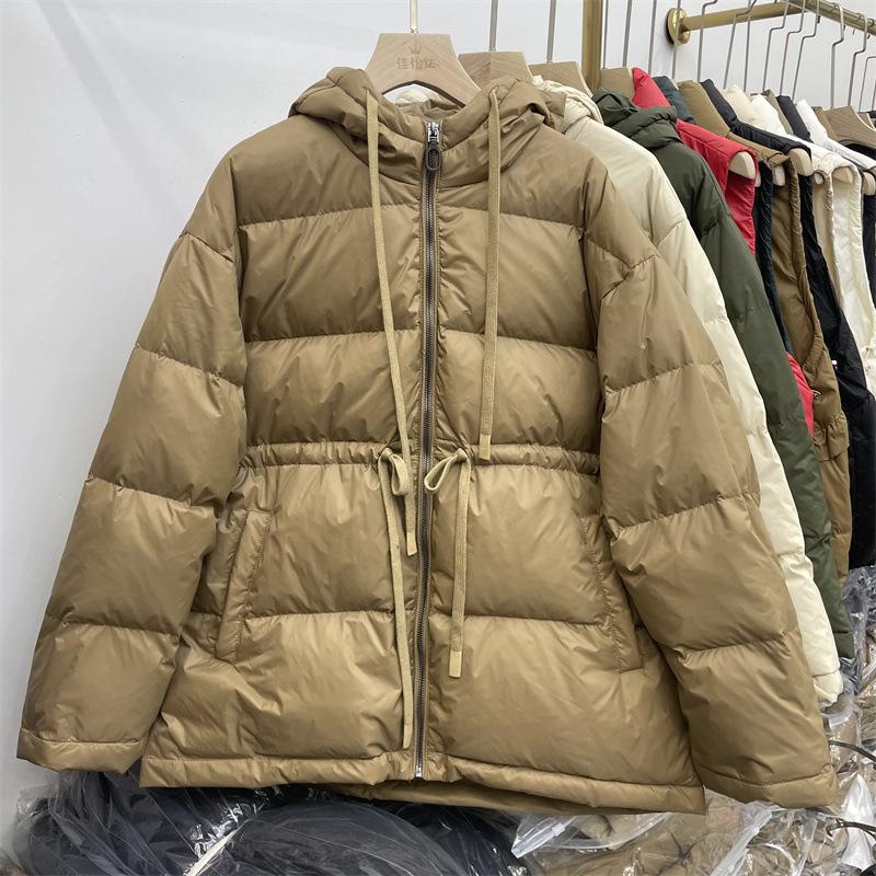 

Женская зимняя осенняя куртка-пуховик с капюшоном из белого утиного пуха, свободное однотонное пальто с большим карманом и регулируемой талией L хаки