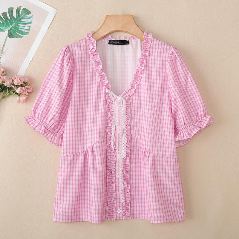 

ZANZEA Женская блузка с оборками, круглым вырезом, летняя, повседневная, с принтом в клетку, с коротким рукавом XL розовый