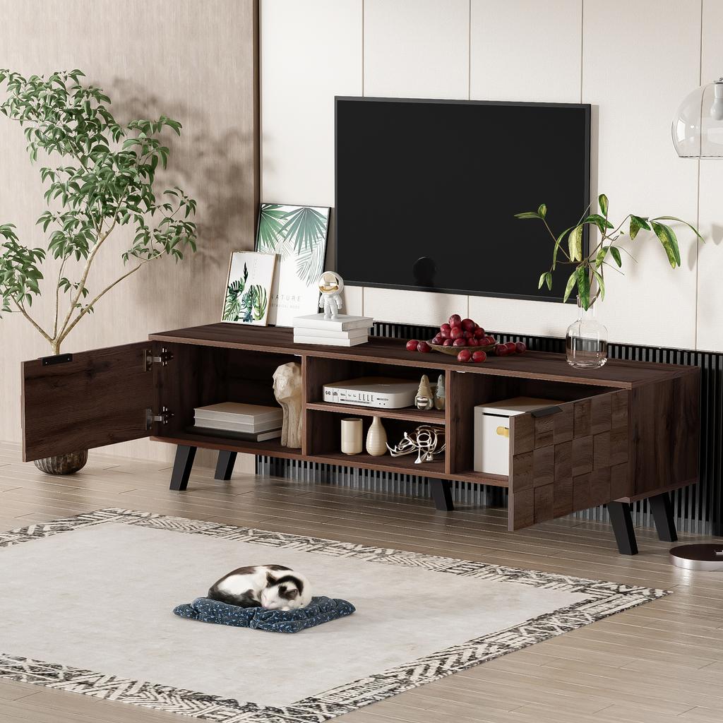 Mueble de TV moderno con 2 puertas y 2 compartimentos abiertos en veta de madera oscura – 160,5 x 35,5 x 45 cm