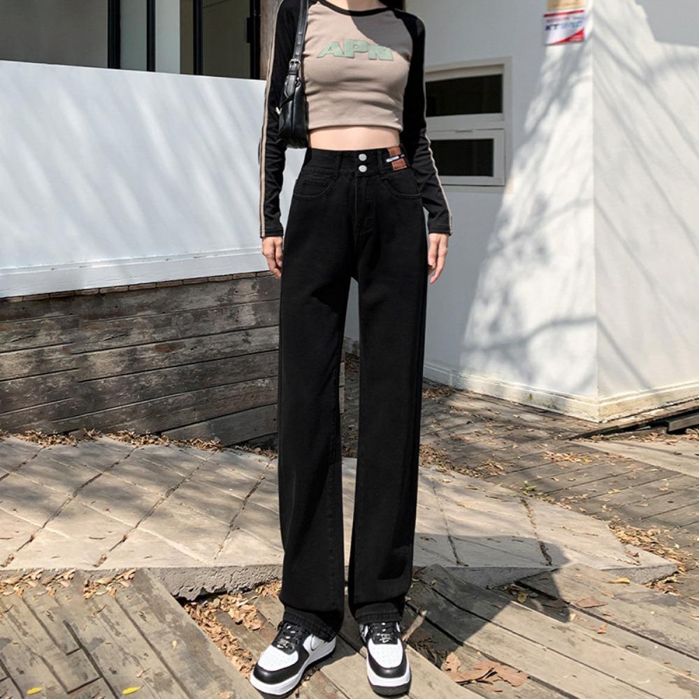

Personalized high waist wide legs double buckle jeans women s drape loose autumn and winter new thin floor mopping jeans 2XL чёрный