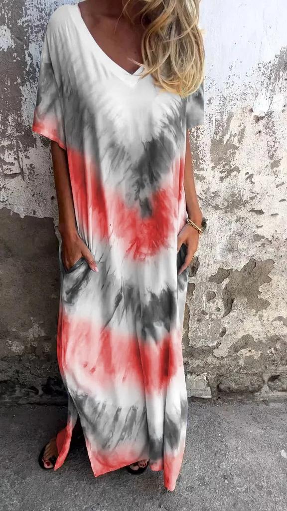 Summer New European And American Style Women'S Clothing Casual Loose Short-Sleeved V-Neck Split Fork Gradual Change Tie-Dye Long Dress
