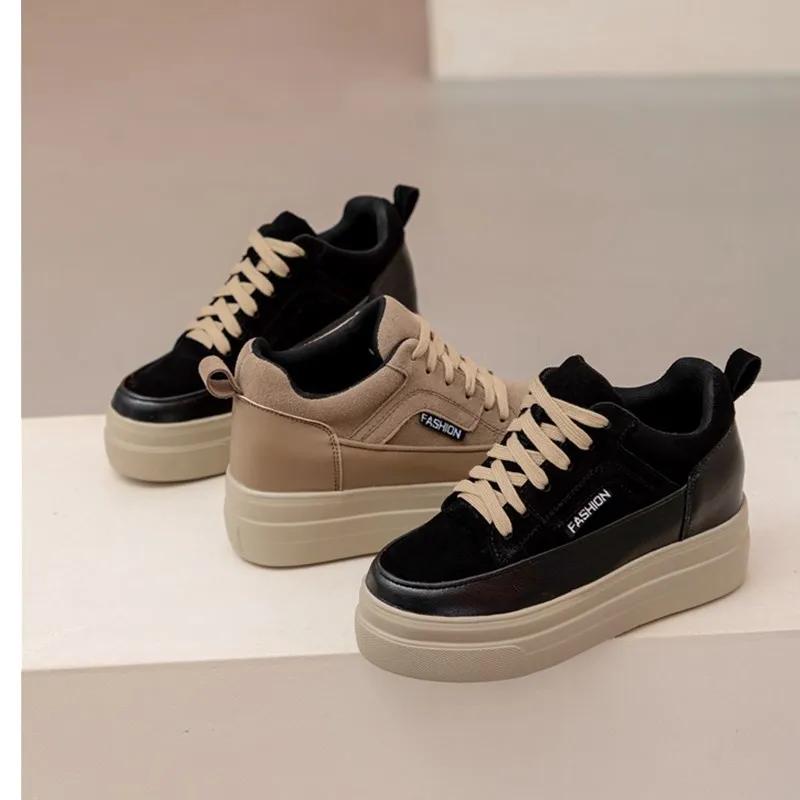 Mode 8 cm Echtes Leder Kuh Wildleder Plattform Keil Frauen Mode Chunky Turnschuhe Frühling Herbst Casual Frauen Versteckte Heels Schuhe