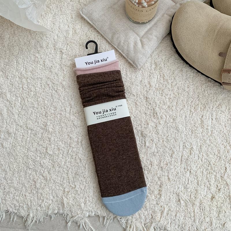 5 Paar Socken Damen Doppelte Schrittnaht Crimpende Kontrastfarbe Mittellange Socken Doppelnaht-Spleißstreifen Stapelsocken Knochenlose Damensocken