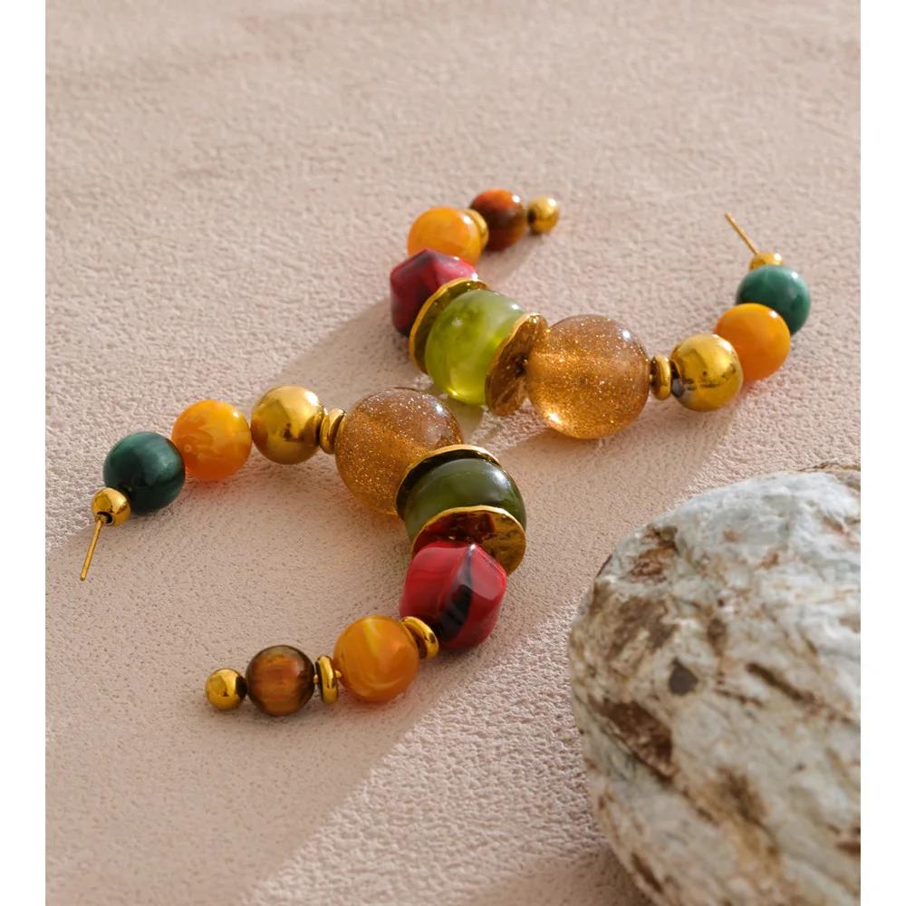 Yhpup French Colorful Acrylic Beads C-Shape Huggie Earrings Tarnish Resistant Stainless Steel Fashion Handmade Charms Jewelry