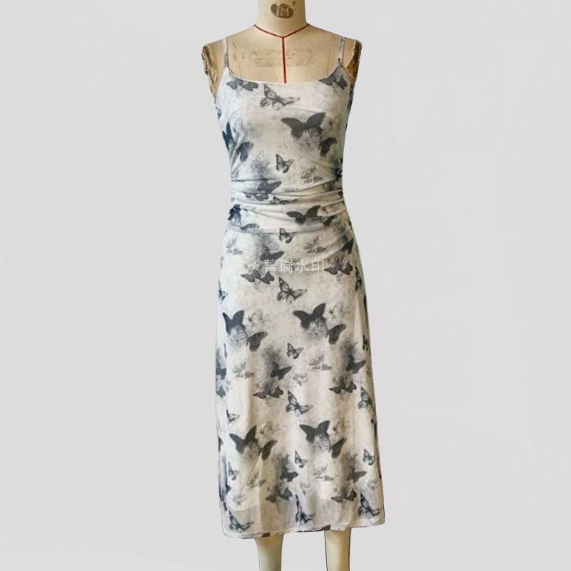 Women's Summer Tea Break Cool Ink Style Butterfly Print Halter Dress