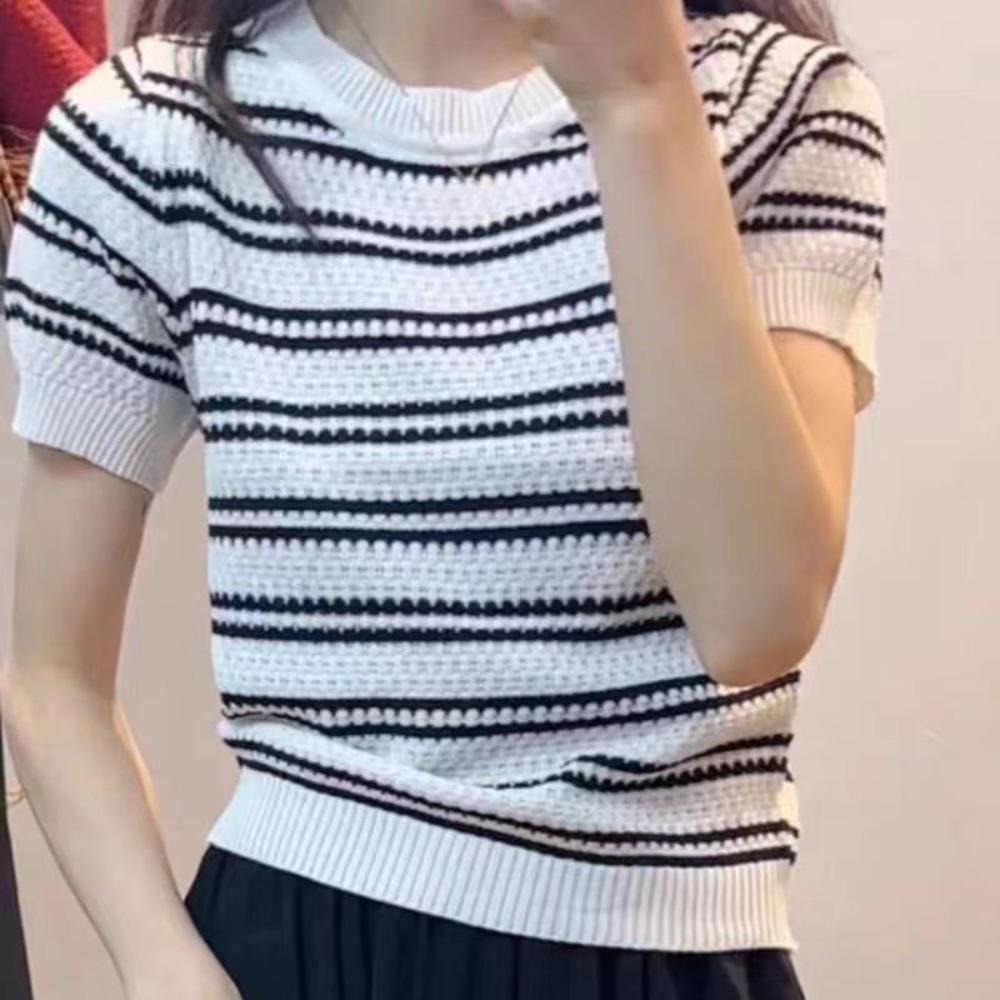 

Женский укороченный топ с коротким рукавом, облегающий трикотаж, удобная вязаная футболка в полоску белый